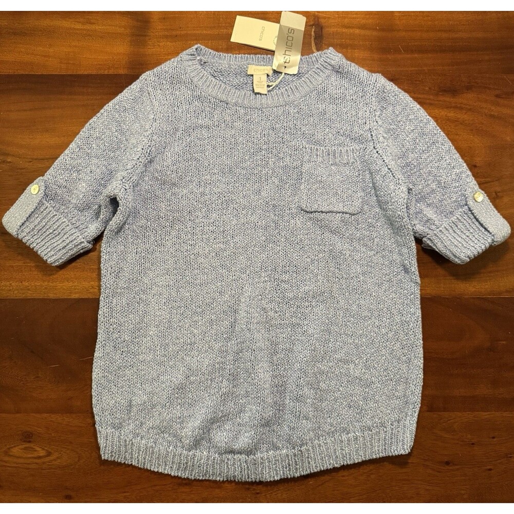 Chico’s Saturday Tape Pullover Sweater Carolina Blue Knit Short Sleeve Sz M -NWT